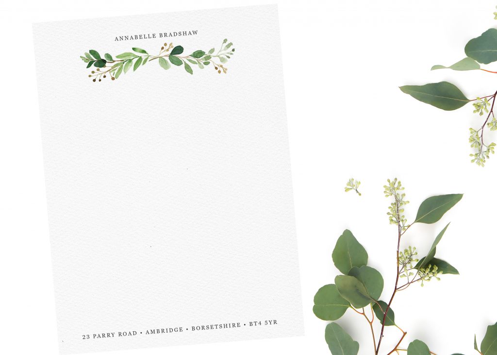 personalised writing paper withgreen watercolour eucalyptus branch